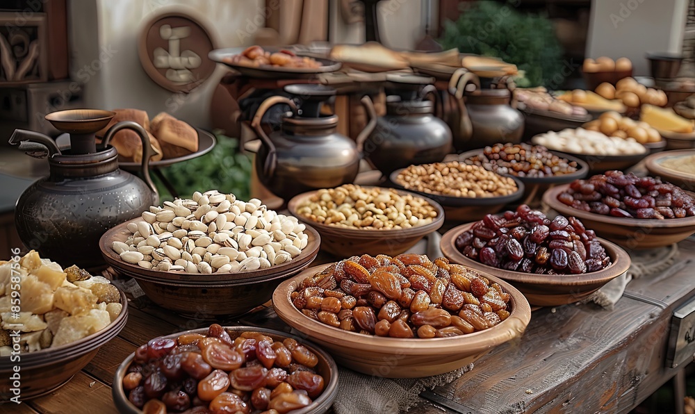 Sumptuous traditional Arabic cuisine served during Ramadan, flavoured with dates and almonds Sumptuous traditional Arabic cuisine served during Ramadan, flavoured with dates and almonds