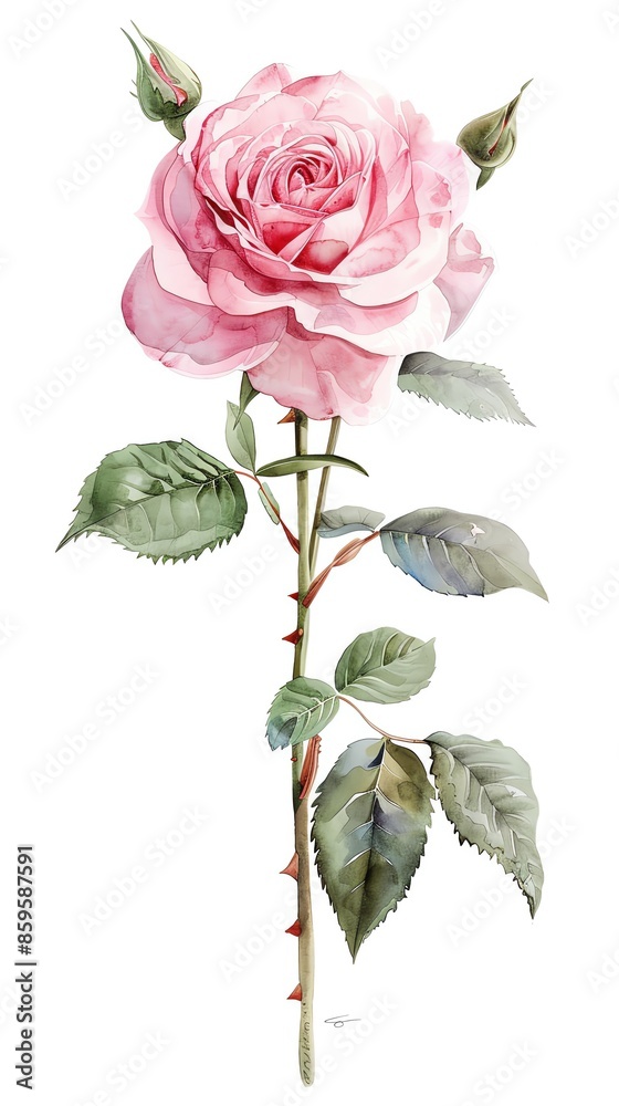 Obraz premium Botanical illustration of a pink rose flower with delicate petals and green leaves, showcasing natural beauty and elegance.