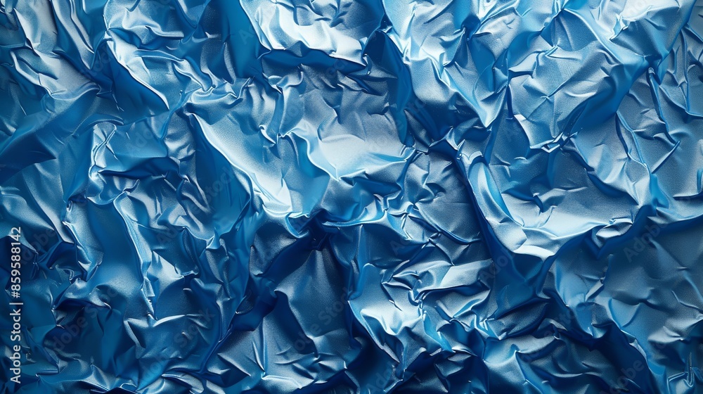 This vivid image features a crumpled blue metallic texture with varying depths, highlighting the complexity and beauty of abstract patterns formed by the shiny surface. This vivid image features a crumpled blue metallic texture with varying depths, highlighting the complexity and beauty of abstract patterns formed by the shiny surface.