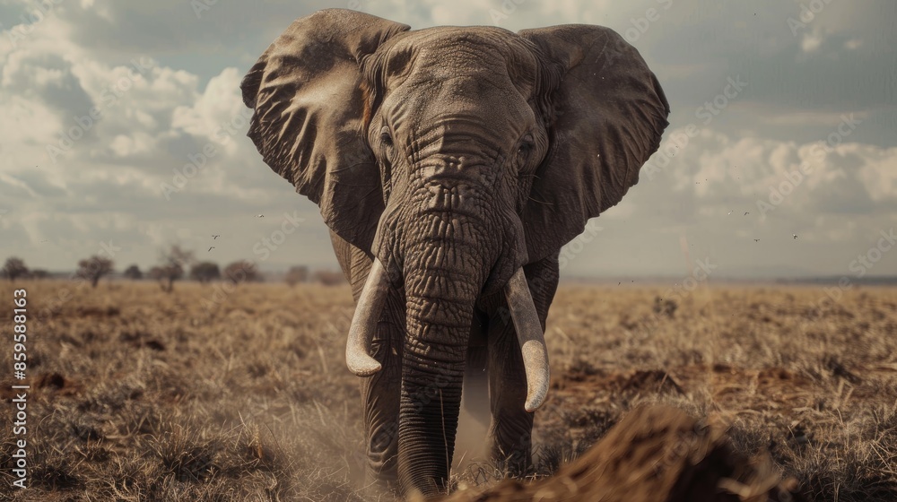Fototapeta premium An elephant is gazing at the camera with dung nearby