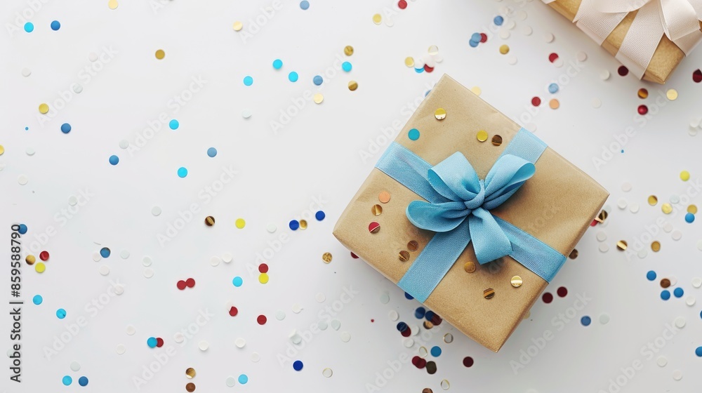 Birthday gift box with close up view from above on a white background Birthday gift box with close up view from above on a white background