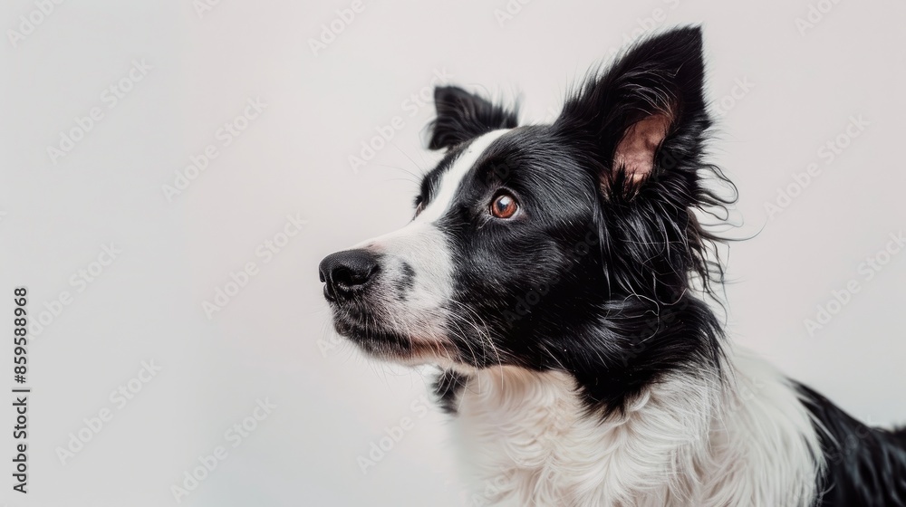 Border collie with black and white coat against a white backdrop Border collie with black and white coat against a white backdrop
