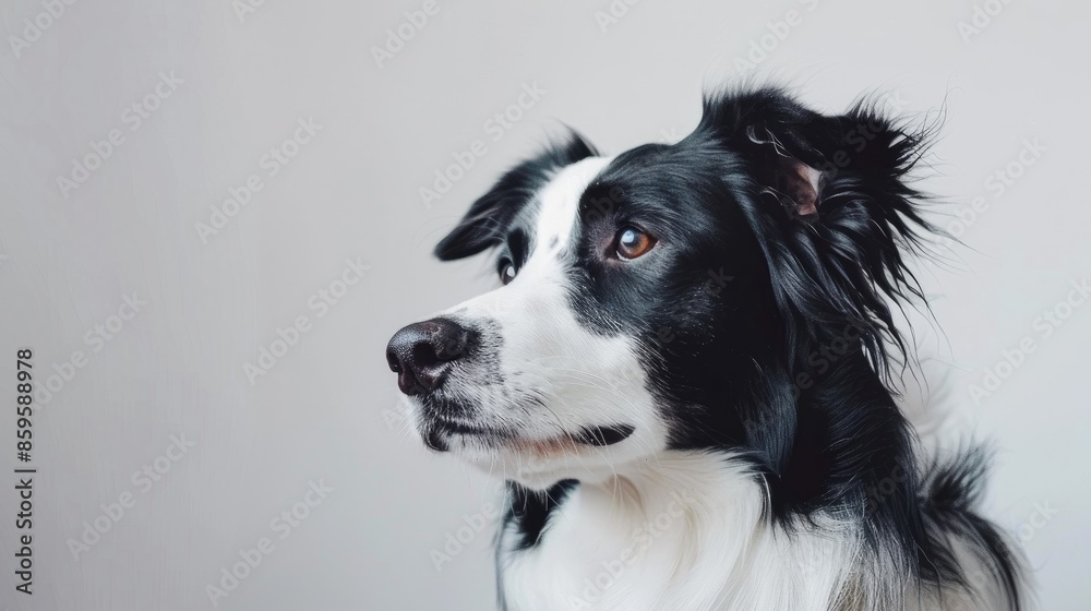 Border collie with black and white coat against a white backdrop Border collie with black and white coat against a white backdrop