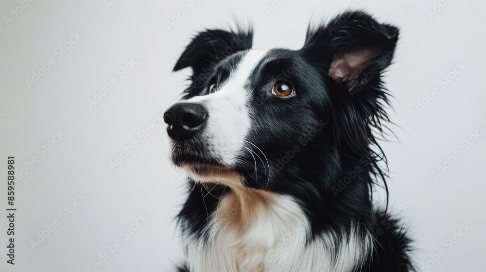 Border collie with black and white coat against a white backdrop Border collie with black and white coat against a white backdrop