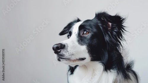 Border collie with black and white coat against a white backdrop