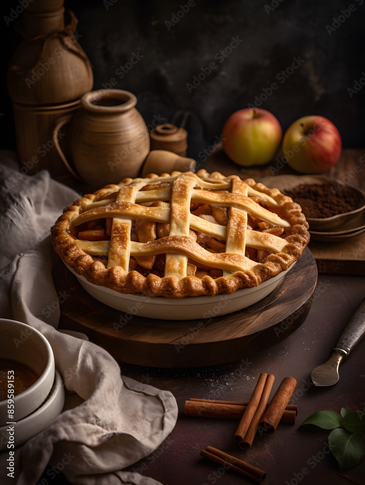 Homemade apple pie with lattice crust on a rustic table. Homemade apple pie with lattice crust on a rustic table.