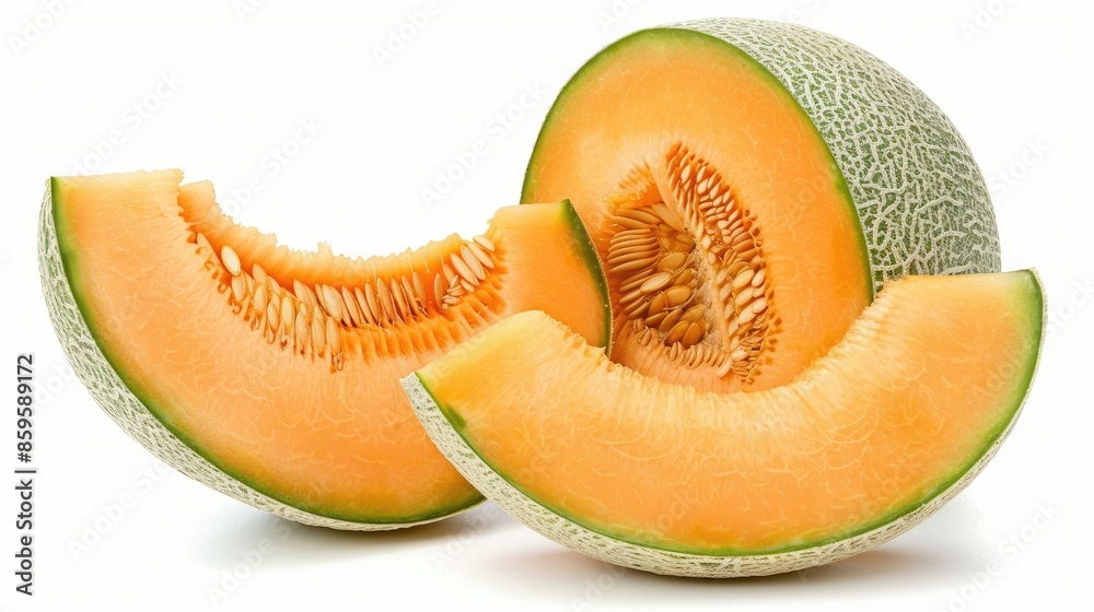 Cantaloupe melon displayed against a white backdrop Cantaloupe melon displayed against a white backdrop