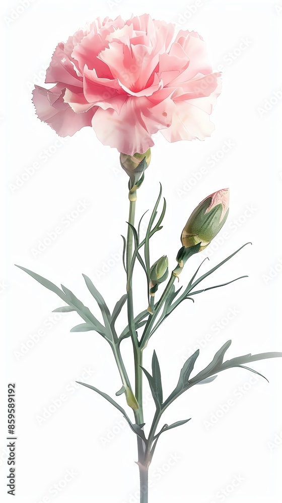 Delicate pink carnation flower with green stems and buds, captured against a clean white background, showcasing its beauty and elegance. Delicate pink carnation flower with green stems and buds, captured against a clean white background, showcasing its beauty and elegance.