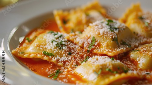 Close up image of agnolotti pasta served with sauce