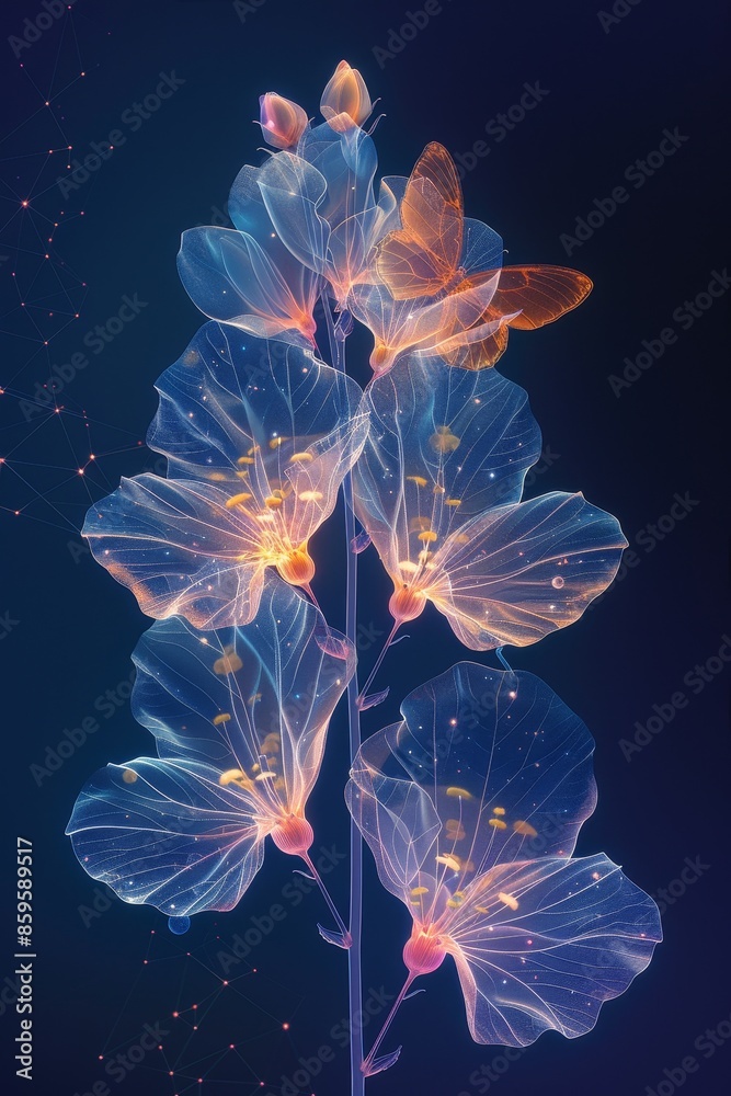 Abstract Floral Design With a Butterfly on a Dark Blue Background Abstract Floral Design With a Butterfly on a Dark Blue Background