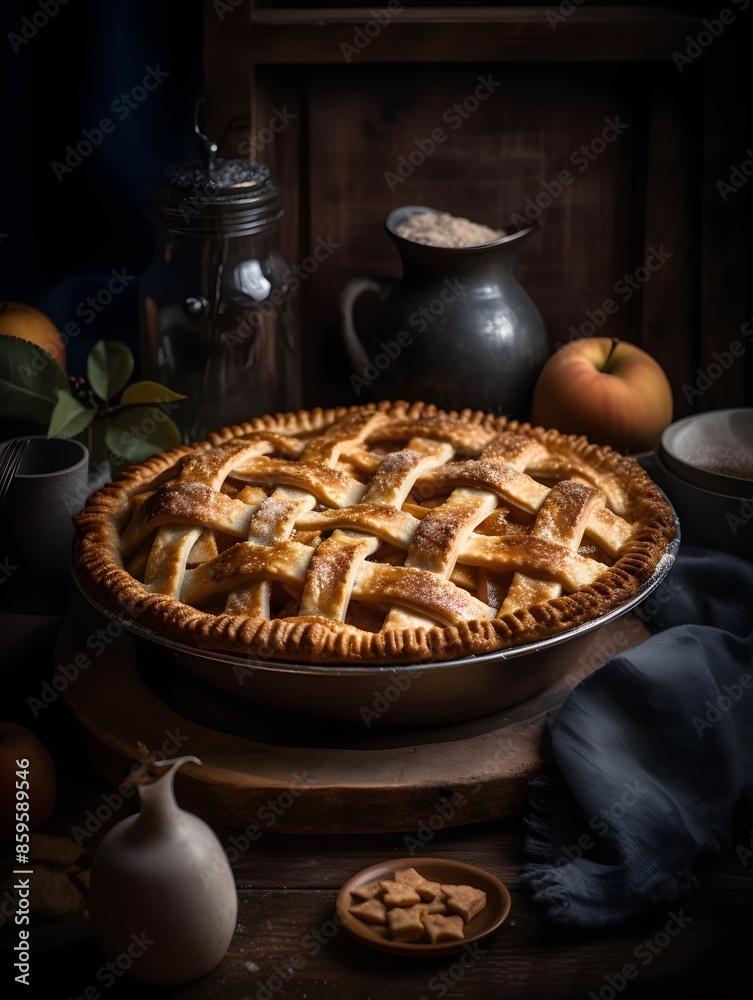 Homemade apple pie with lattice crust on a rustic table. Homemade apple pie with lattice crust on a rustic table.