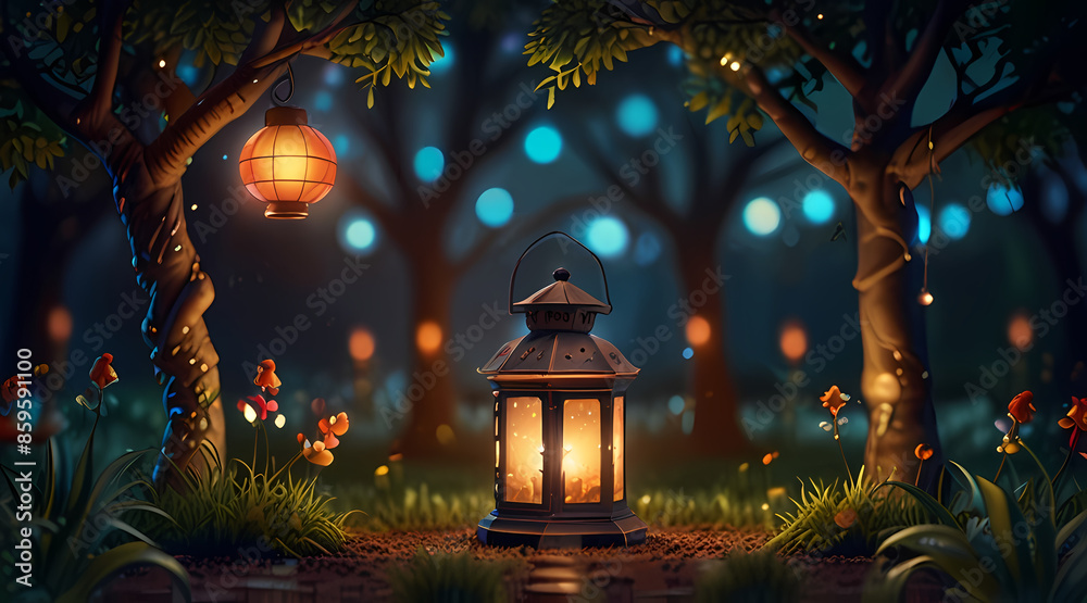 Illustration a magical garden at night, with bokeh lights representing fairy lights and lanterns.