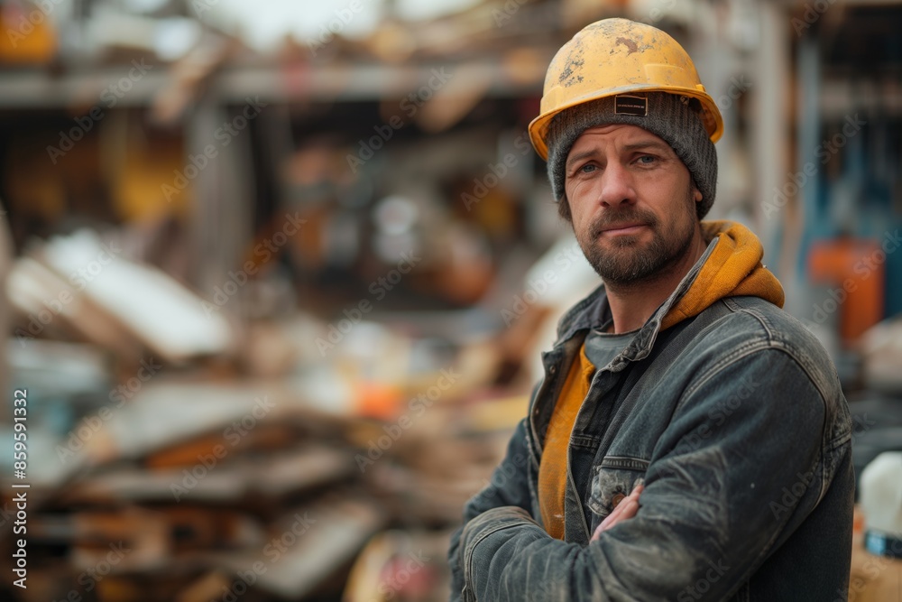 A somber construction worker, sporting a yellow hard hat and a gray beanie, dressed in a denim jacket, stands amidst a cluttered and busy construction site, reflecting hard work and focus. A somber construction worker, sporting a yellow hard hat and a gray beanie, dressed in a denim jacket, stands amidst a cluttered and busy construction site, reflecting hard work and focus.
