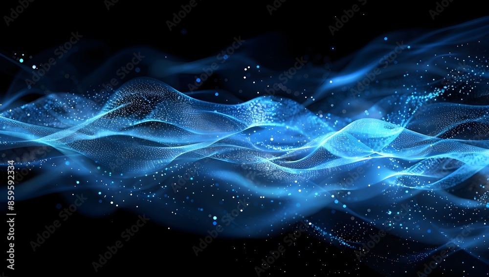 Fototapeta premium Abstract blue digital background with dots and waves of particles on black space, AI technology concept