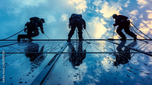 Skilled high altitude window cleaners with sky reflections in professional setting
