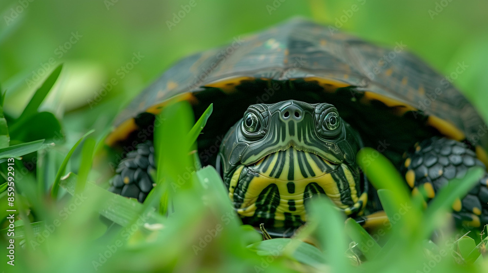 turtle peeking out of its shell with a curious expression, surrounded by green grass, turtle peeking out of its shell with a curious expression, surrounded by green grass,