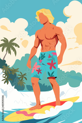 handsome guy surfer catches a wave on tropical islands