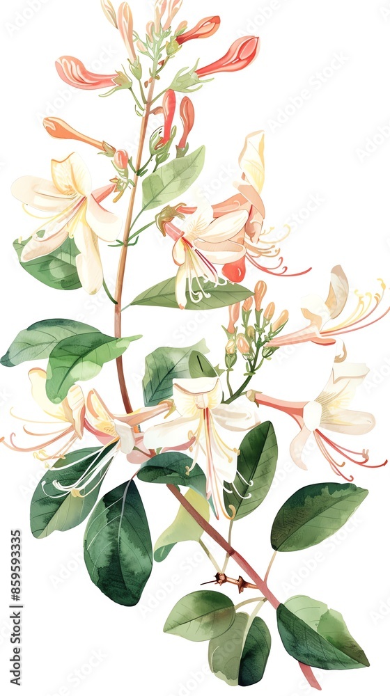 Elegant watercolor illustration of a delicate honeysuckle branch with vibrant green leaves and pinkish-white flowers on a white background. Elegant watercolor illustration of a delicate honeysuckle branch with vibrant green leaves and pinkish-white flowers on a white background.