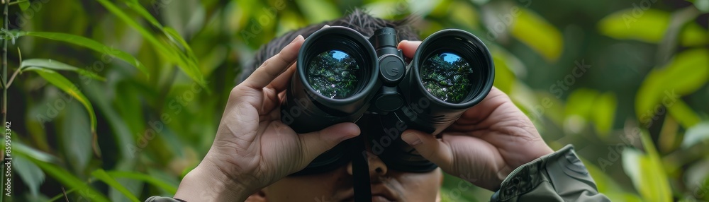 A man with binoculars looks out over a green, leafy forest, possibly for birds or wildlife. A man with binoculars looks out over a green, leafy forest, possibly for birds or wildlife.