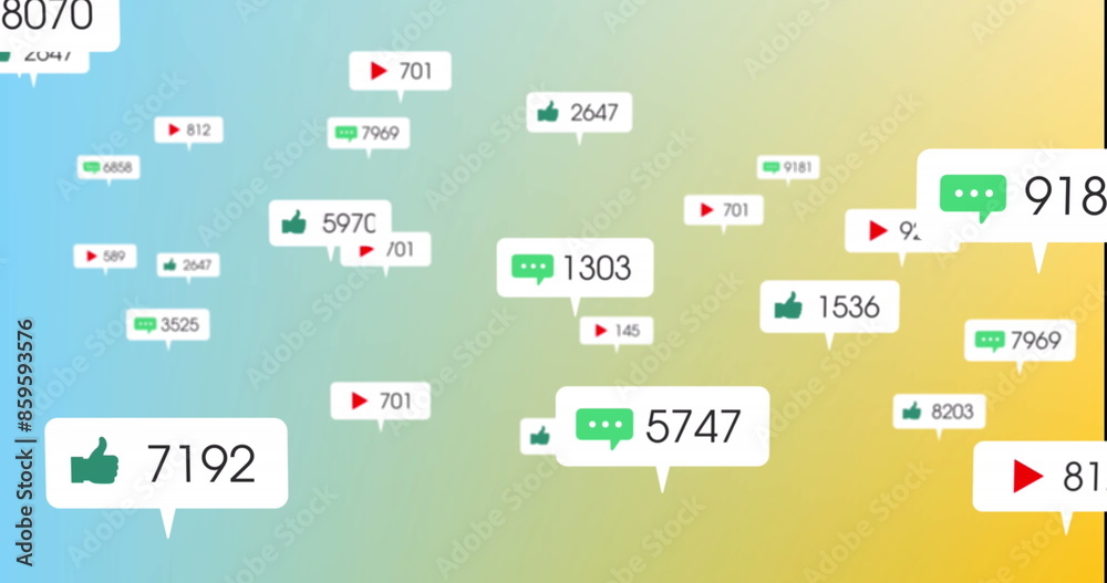 Image of social media icons floating against yellow and blue gradient background Image of social media icons floating against yellow and blue gradient background
