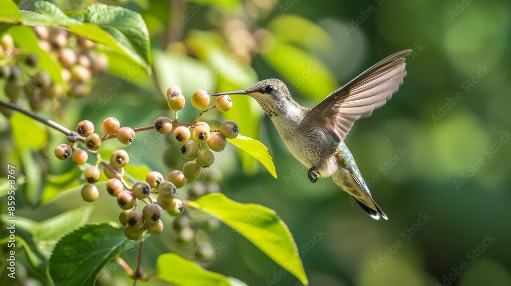 On a bright summer day, a hummingbird swooped towards unripe berries on an aronia bush. These blossoming berries provide a delightful treat for feathered friends On a bright summer day, a hummingbird swooped towards unripe berries on an aronia bush. These blossoming berries provide a delightful treat for feathered friends
