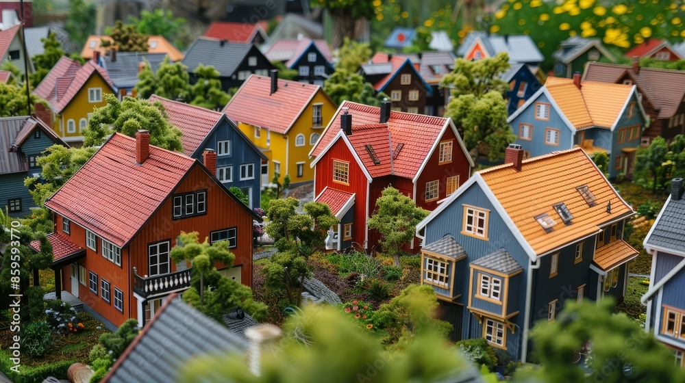 A model village with rows of brightly colored houses, set amongst greenery and flowers. The houses are detailed with windows, doors, and chimneys.