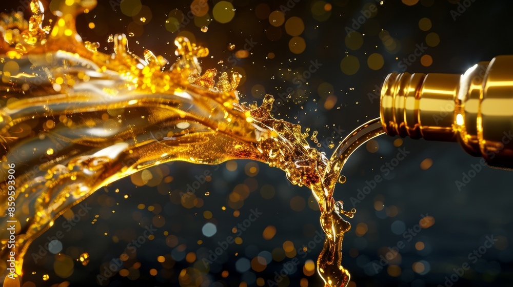 Golden Liquid Splashing from Bottle on Black Background with Bokeh Golden Liquid Splashing from Bottle on Black Background with Bokeh