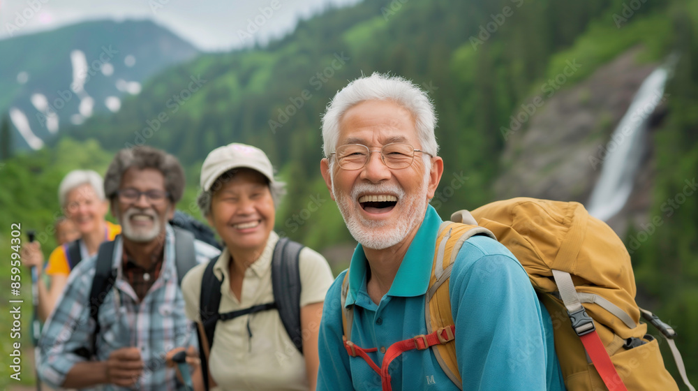 Group of diverse senior friends enjoying a hike in a scenic national park surrounded by lush greenery, mountains, and waterfalls, promoting active senior travel and good memories with friends. Group of diverse senior friends enjoying a hike in a scenic national park surrounded by lush greenery, mountains, and waterfalls, promoting active senior travel and good memories with friends.