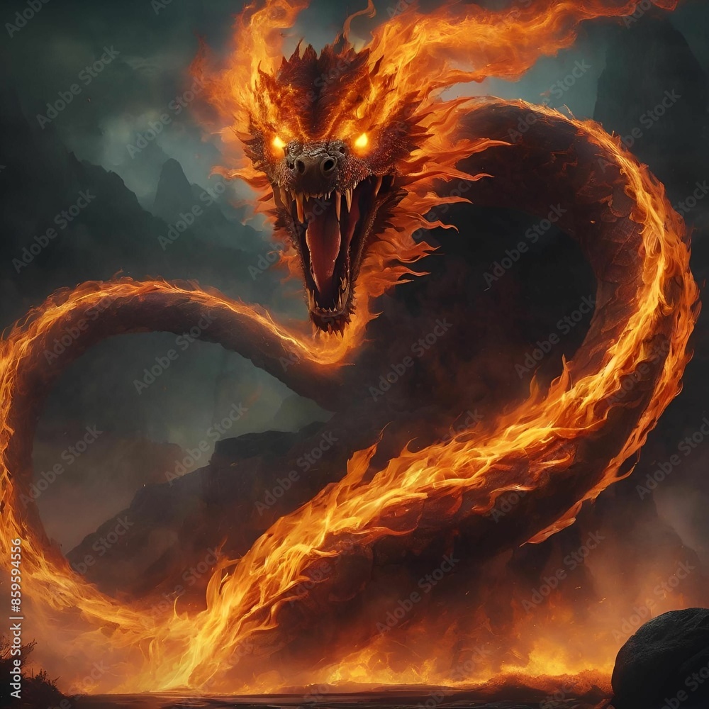 Φωτογραφία AI generated illustration of a fierce fiery dragon with glowing eyes in a dark m