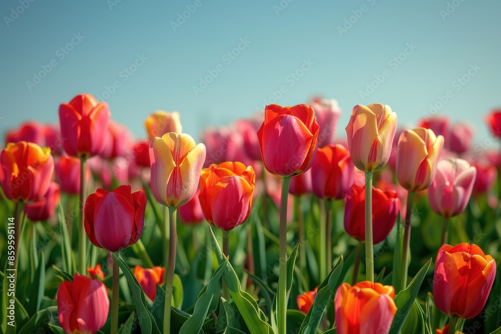 Vibrant field of tulips in full bloom, showcasing a variety of colors, under a clear blue sky. Vibrant field of tulips in full bloom, showcasing a variety of colors, under a clear blue sky.