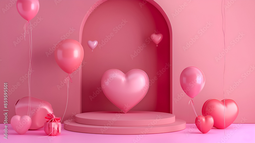 Heart 3D background podium balloon pink day display love happy ...