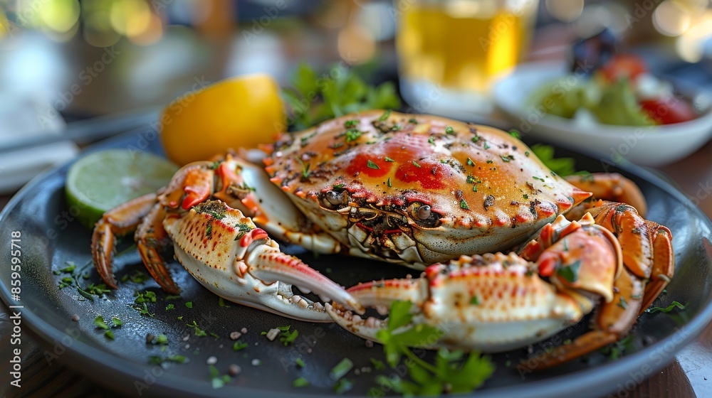 A beautifully presented cooked crab on a black dish, garnished with fresh herbs and accompanied by lemon and lime slices in a restaurant setting, perfect for seafood lovers. A beautifully presented cooked crab on a black dish, garnished with fresh herbs and accompanied by lemon and lime slices in a restaurant setting, perfect for seafood lovers.