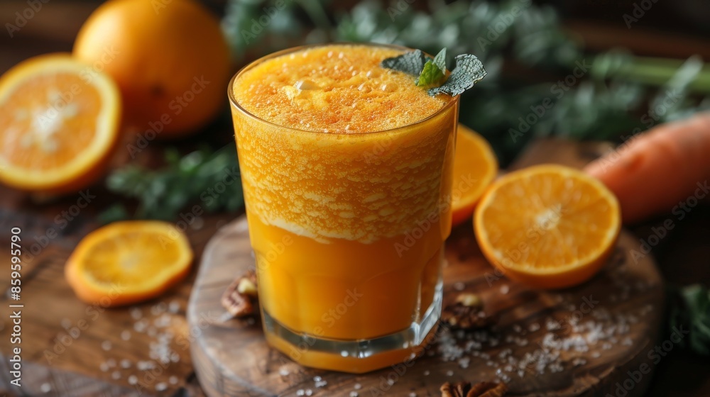 A refreshing glass of orange juice adorned with frothy top and garnished with fresh orange slices, creating a vibrant and healthy beverage option perfect for any time of the day. A refreshing glass of orange juice adorned with frothy top and garnished with fresh orange slices, creating a vibrant and healthy beverage option perfect for any time of the day.