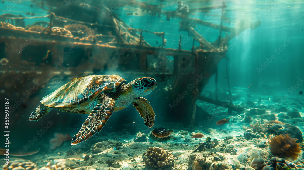 Fototapeta premium turtle swimming near a sunken ship,