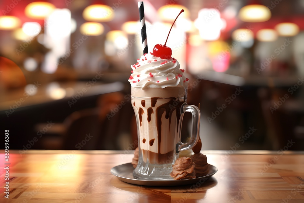 Decadent chocolate milkshake with whipped cream and cherries in a glass mug. Decadent chocolate milkshake with whipped cream and cherries in a glass mug.