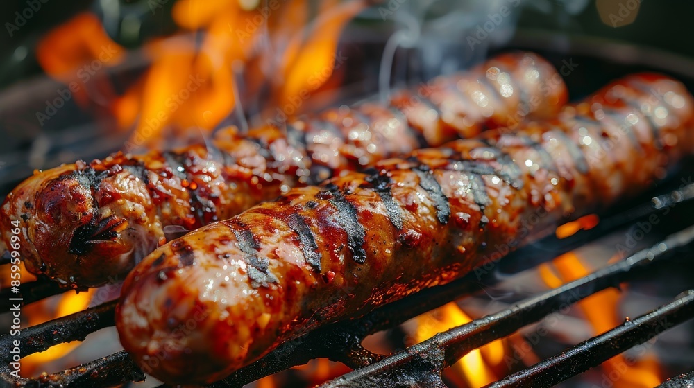 Grilled sausages with char marks are shown cooking on a barbecue grill with visible flames and smoke, portraying a perfect outdoor grilling scene. Grilled sausages with char marks are shown cooking on a barbecue grill with visible flames and smoke, portraying a perfect outdoor grilling scene.