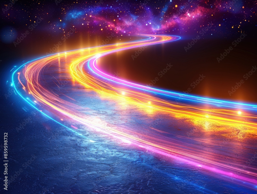 Neon-lit path through a cosmic scene with vibrant colors Neon-lit path through a cosmic scene with vibrant colors