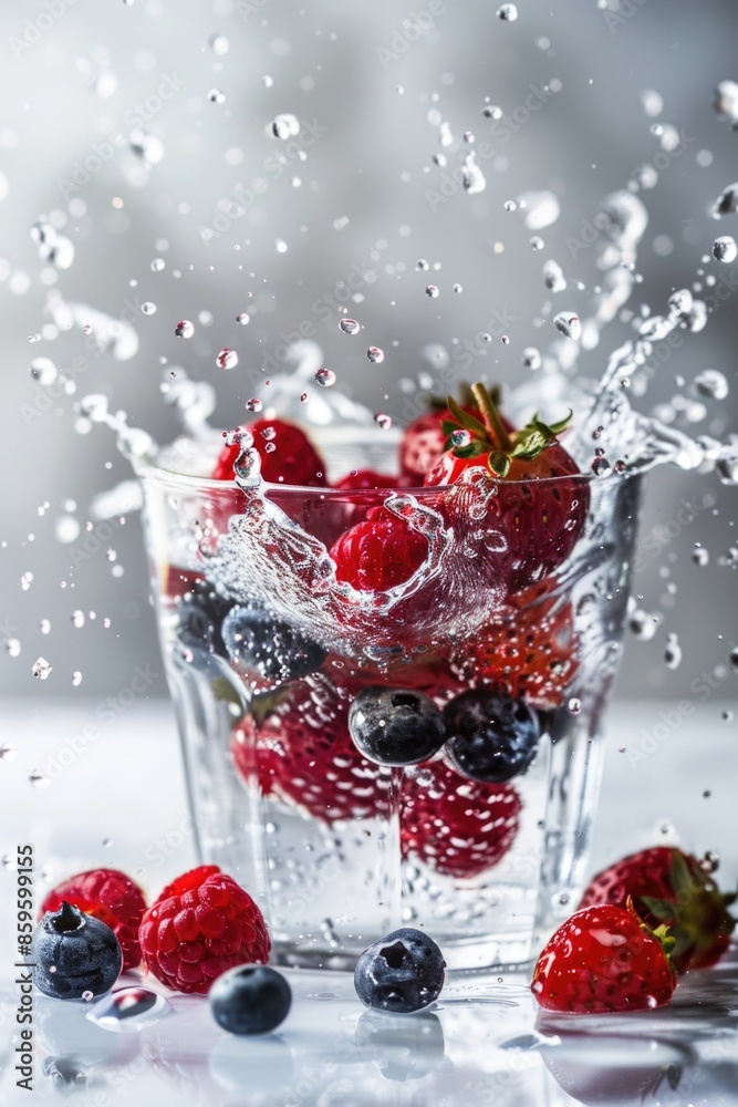A glass filled with fresh mixed berries including blueberries, suitable for food or decoration A glass filled with fresh mixed berries including blueberries, suitable for food or decoration