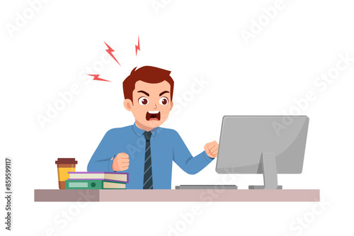 man employee sit in desk working on office and screaming