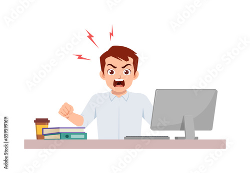 man employee sit in desk working on office and screaming