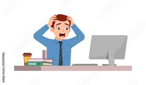 man employee sit in desk working on office and scream and panic