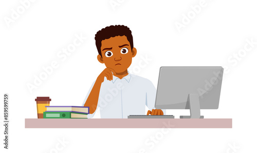 man employee sit in desk working on office and serious look to computer
