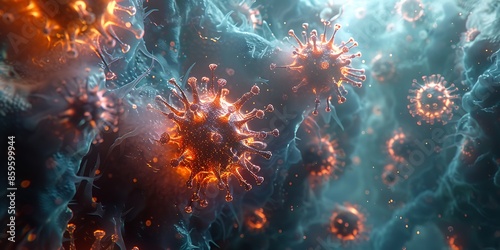 Microscopic view of vibrant glowing viruses © Liza