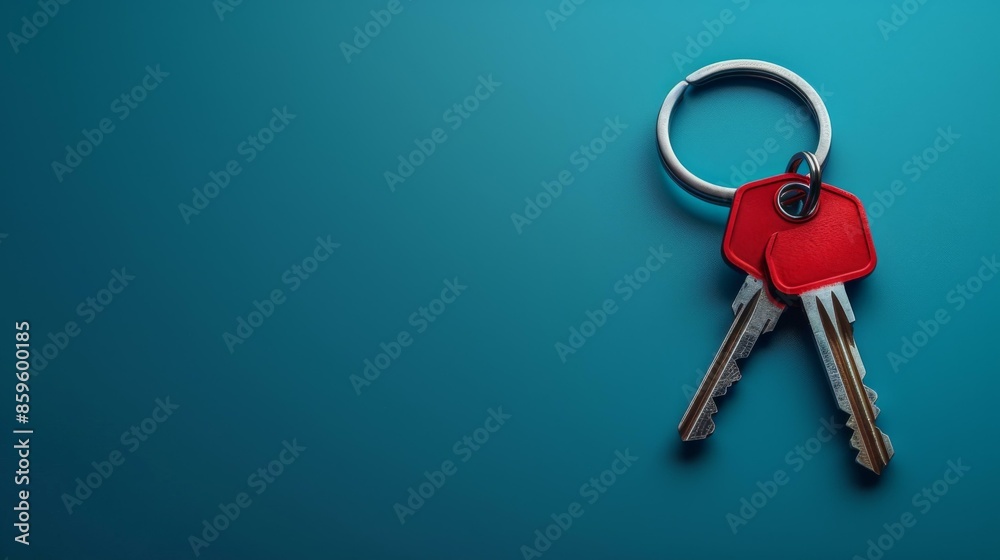 Two keys are attached to a key ring on blue background. AI. Two keys are attached to a key ring on blue background. AI.