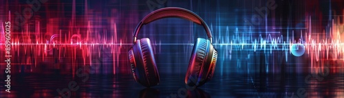 Musical fusion, headphones, euphonic sound, immersive listening, auditory bliss close up, focus on, copy space Bright and rich colors Double exposure silhouette with audio waves photo