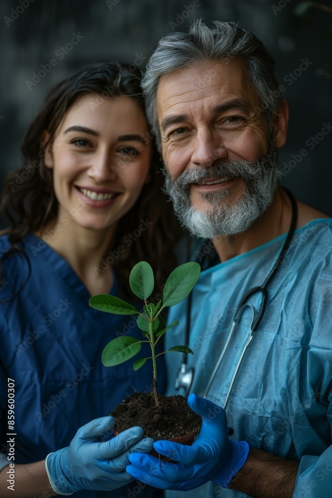 A man and woman in scrubs holding a plant together. AI. A man and woman in scrubs holding a plant together. AI.