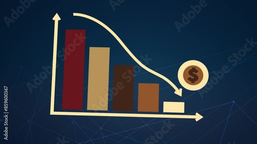 3D motion animation of going downward bar chart falling stock index Graph arrow showing fluctuate trend Tickers Changing Motion Background decline decrease losses business index