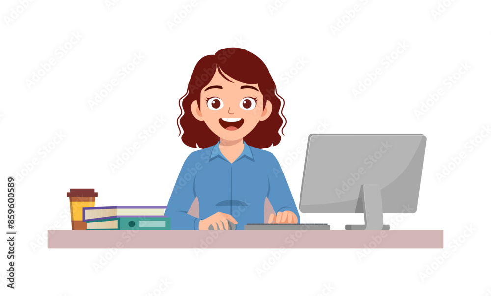 happy woman employee sit in desk working on office with computer happy woman employee sit in desk working on office with computer