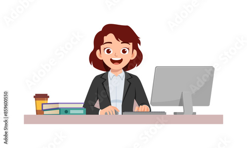 happy woman employee sit in desk working on office with computer