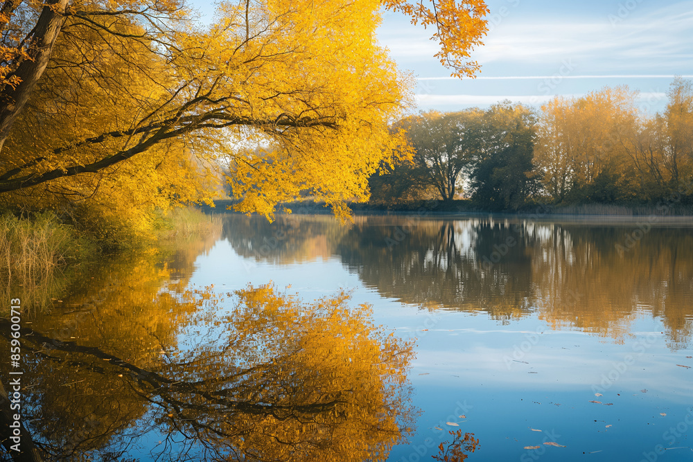 Obraz premium A serene lake reflecting golden autumn trees, encapsulating the tranquil beauty of harvest season 